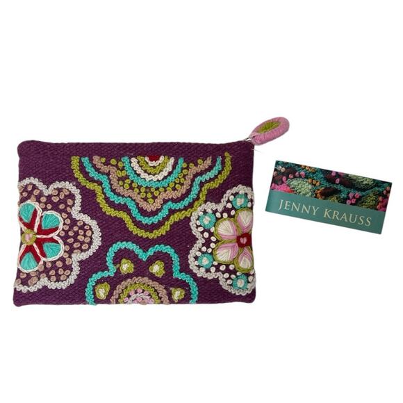 Jenny Krass Purple Embroidered Floral Handcrafted Wool Pouch NWT Y2K Inspired - Picture 1 of 3